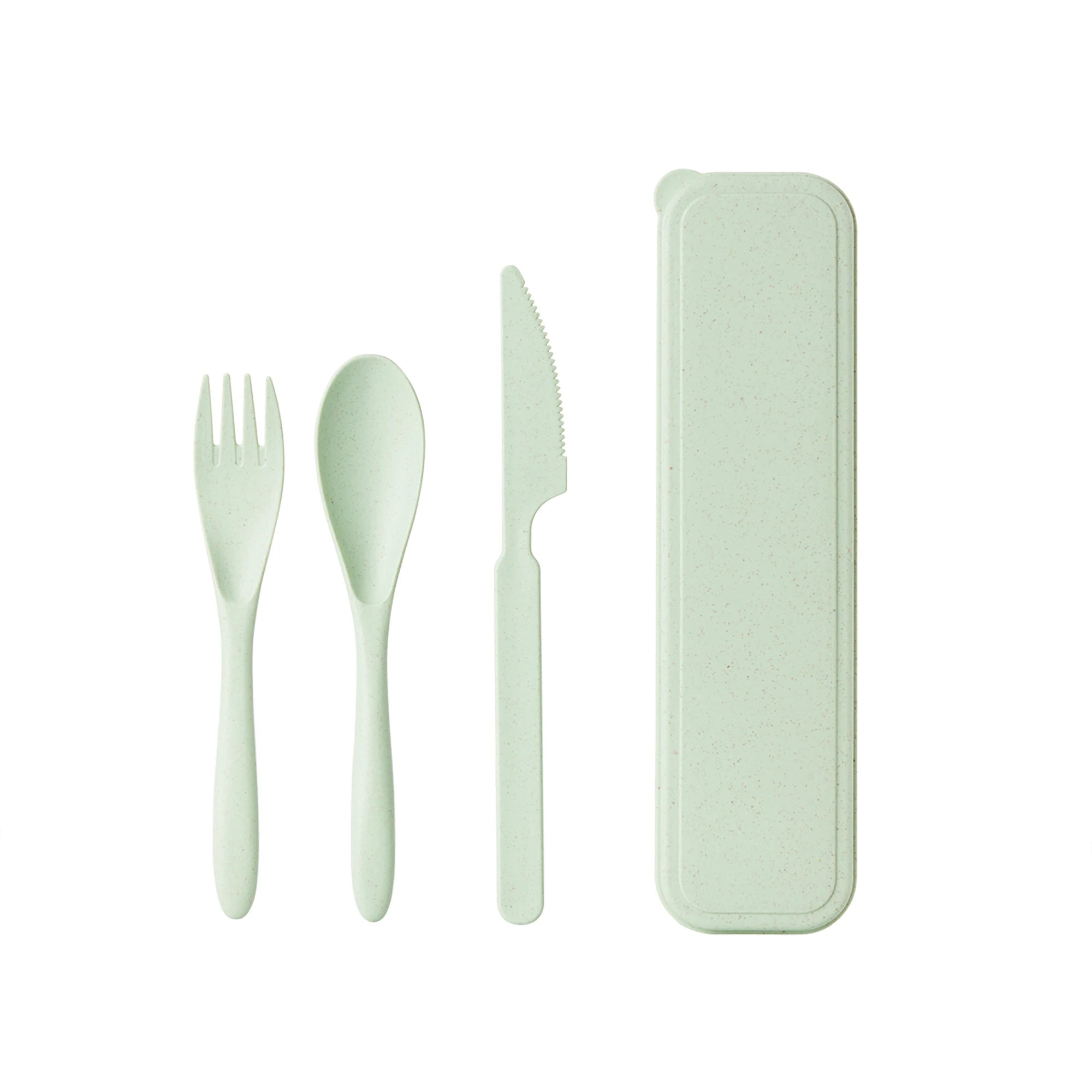 Set of green kawaii utensils including fork, knife, and spoon with a case on a white background