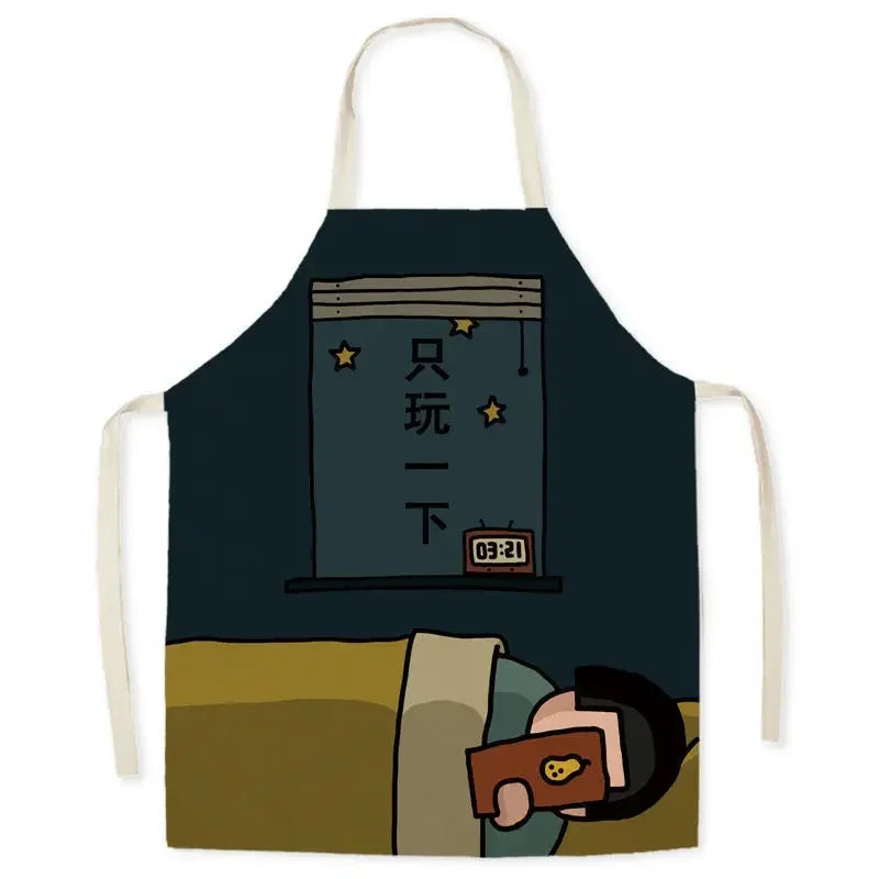 Kawaii apron with cartoon design of a person playing video games on a console, with text and time displayed.