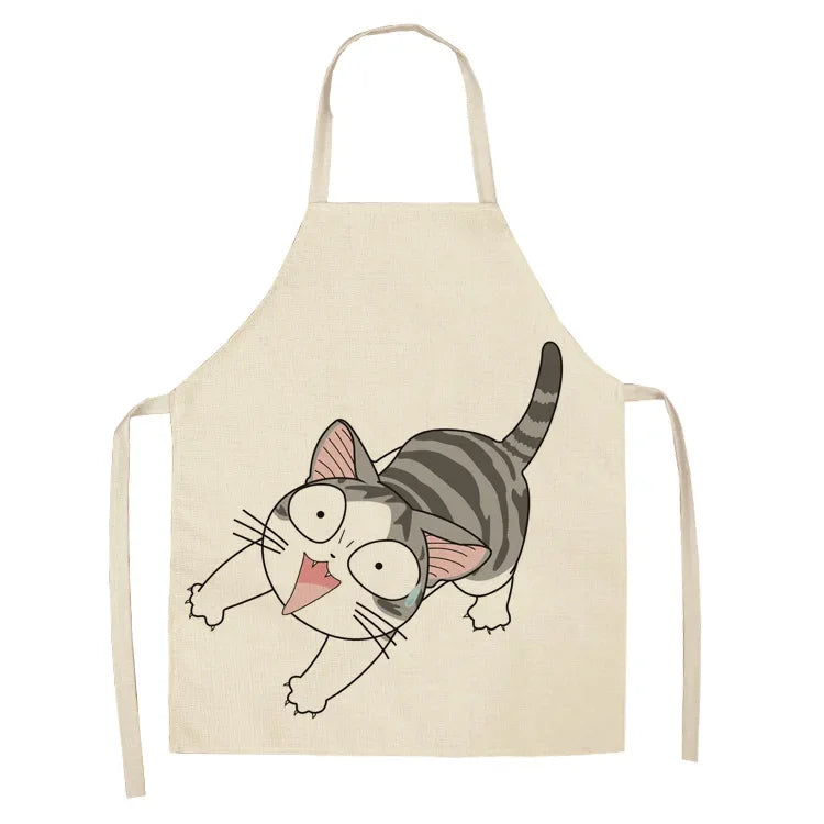 Beige kawaii apron with a cartoon cat design on a white background