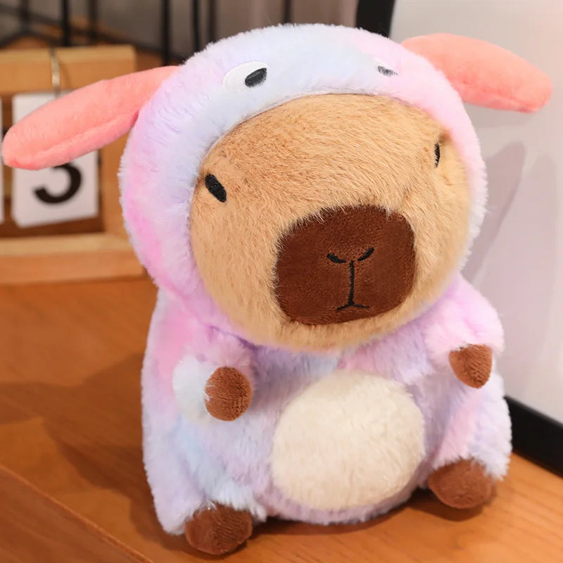 Kawaii plush toy sheep with a soft texture on a wooden floor.
