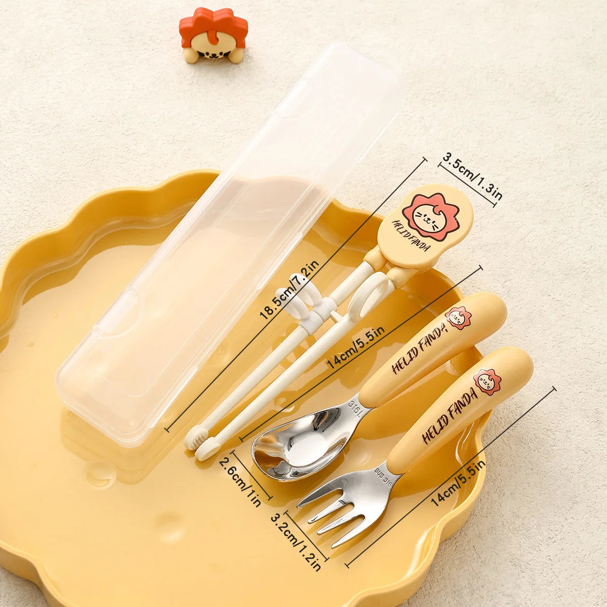 Children's kawaii utensils set with measurements on a beige background