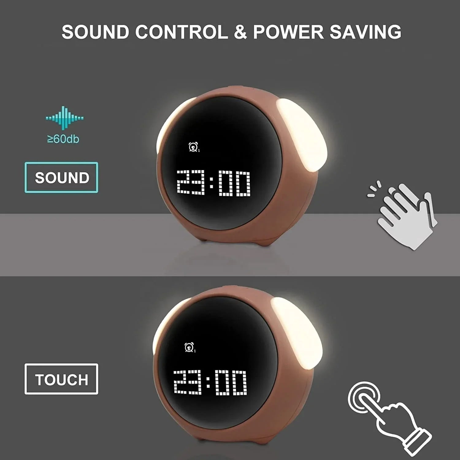 Kawaii digital clock with sound control and power saving features on a gray background
