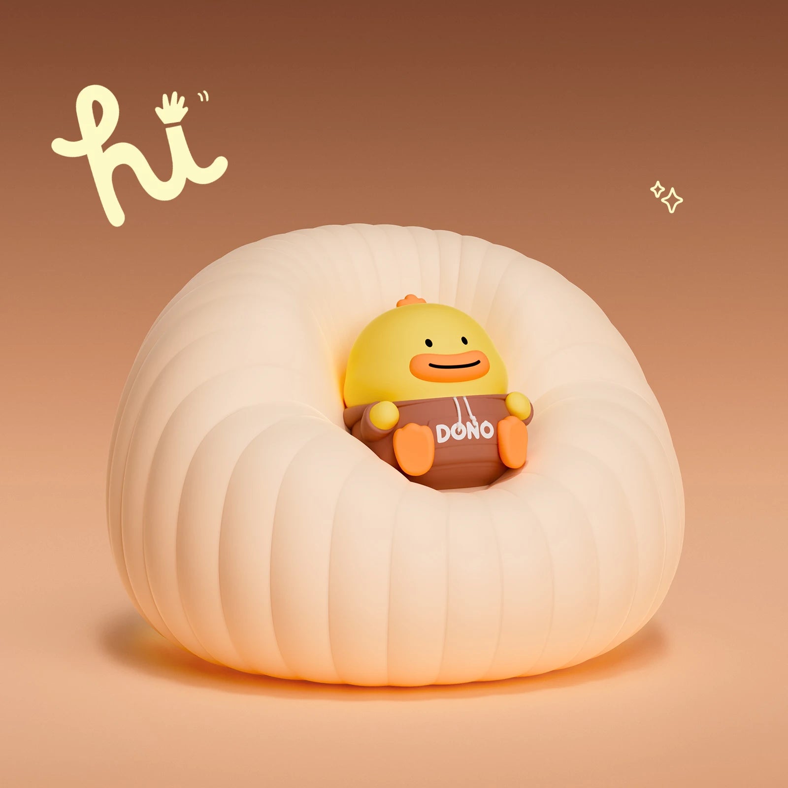 Cute kawaii character inside a glowing white sphere with 'hi' text on a brown background