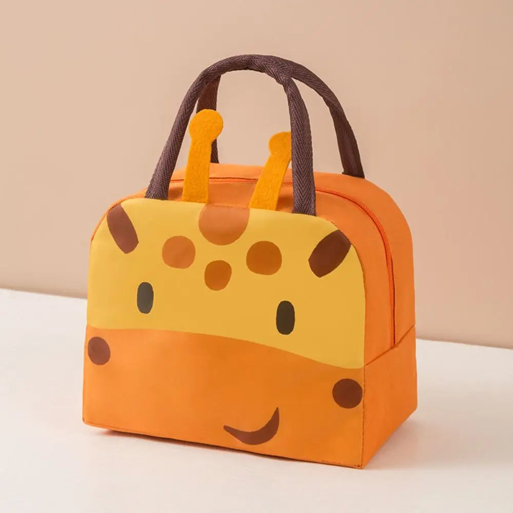 Orange kawaii lunch bag with giraffe design on a beige background
