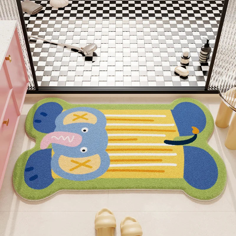 Colorful kawaii bath mat with cartoon character design on a bathroom floor.