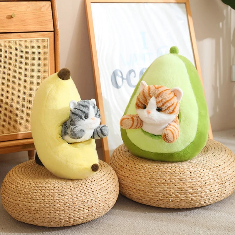 Two kawaii plush toys shaped like a banana and an avocado with cat faces on woven stools.