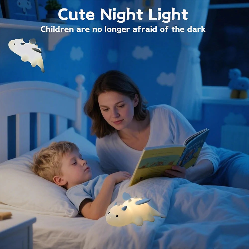 Woman reading a book to a child in bed with a kawaii night light, text 'Cute Night Light: Children are no longer afraid of the dark'.
