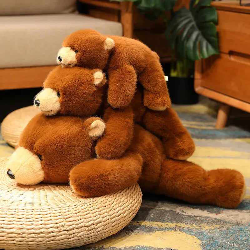 Stack of brown kawaii teddy bears on a woven stool in a home setting