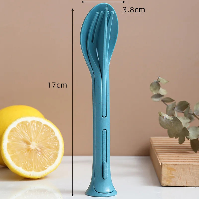 Blue kitchen kawaii utensils with measurements next to a lemon on a beige background