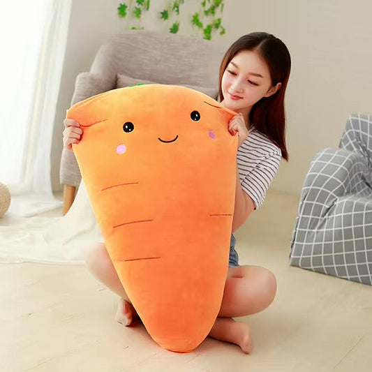 Woman holding a large carrot-shaped kawaii plush toy in a room with a couch and decorative items.