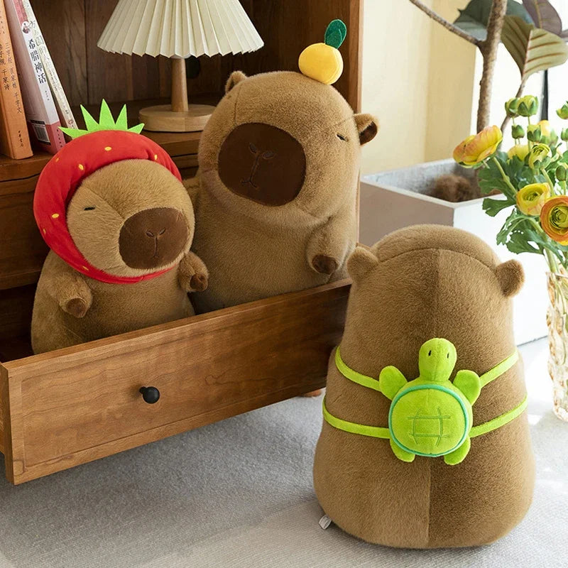 Three brown kawaii plush toys with animal-themed accessories in a room setting.