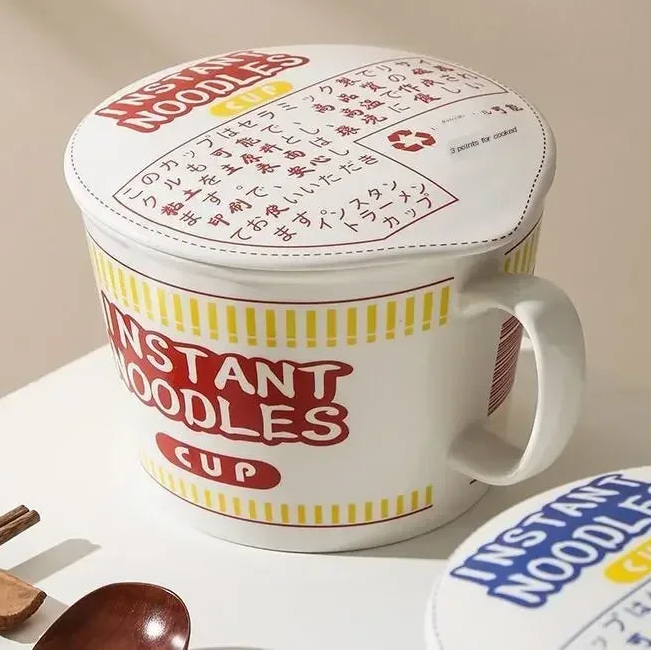 White kawaii ramen bowl with 'Instant Noodles' design on a beige background