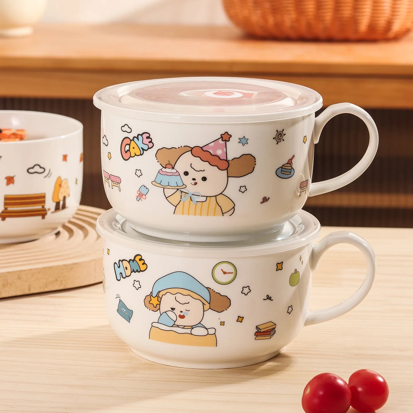 Two cartoon-themed ceramic kawaii ramen bowls with lids on a wooden surface.