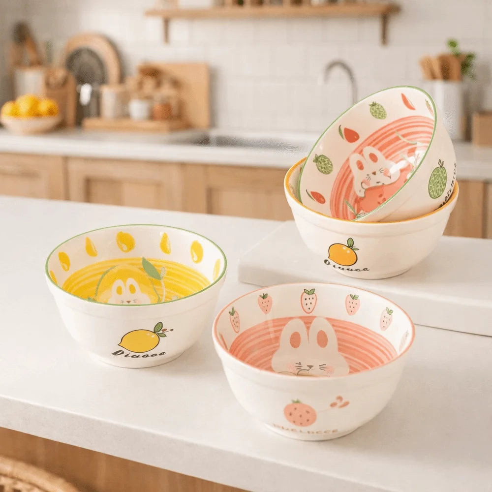Four kawaii ramen bowls in different colours on the kitchen counter