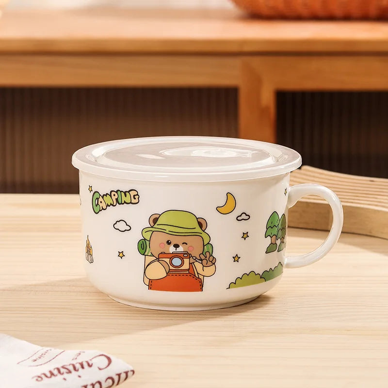 A camping bear themed kawaii ramen bowl on a table