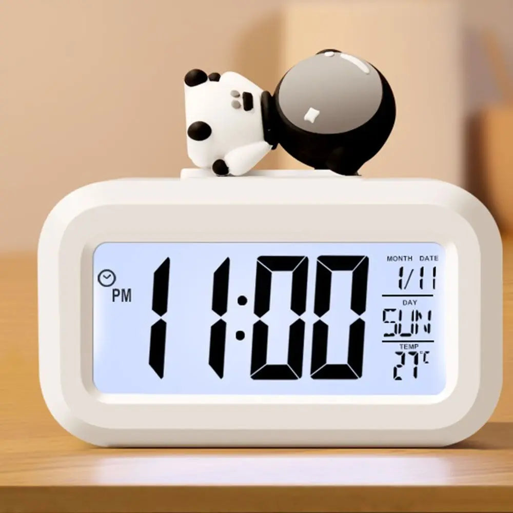 Kawaii digital clock with a panda design on top, displaying time and date.