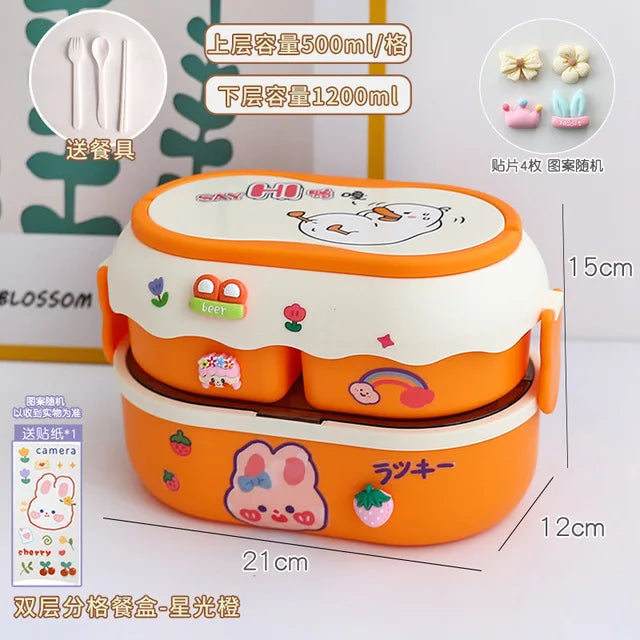 Children's kawaii bento box with cartoon designs on a light background