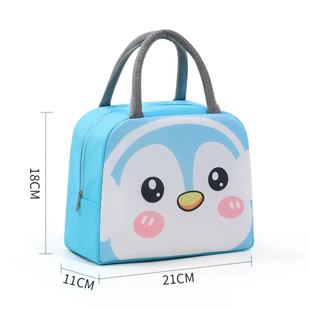 Blue penguin-themed kawaii lunch bag with dimensions on a white background