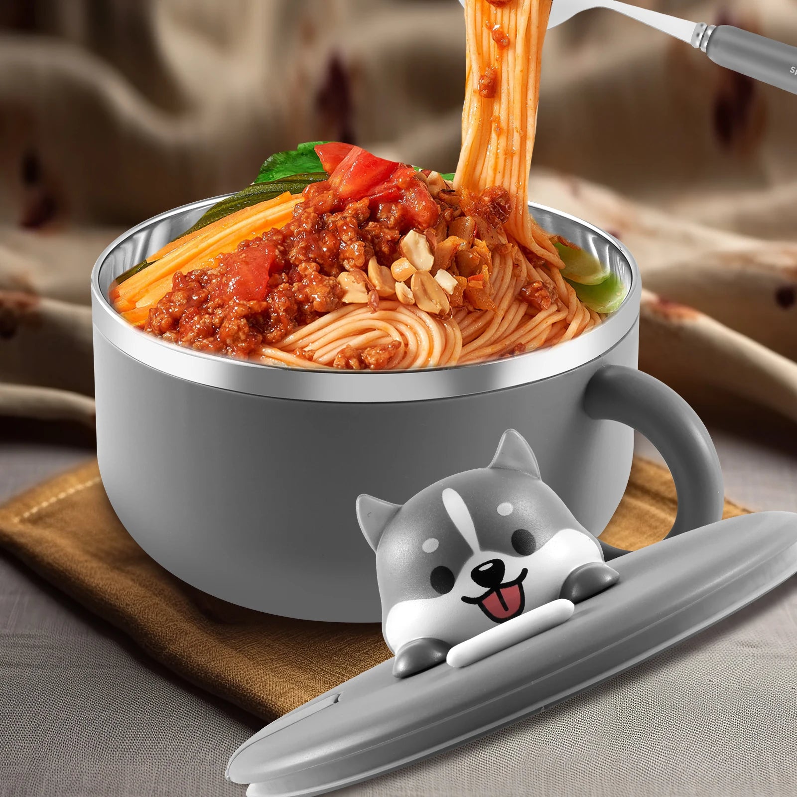 A gray dog themed kawaii ramen bowls with noodles inside of it