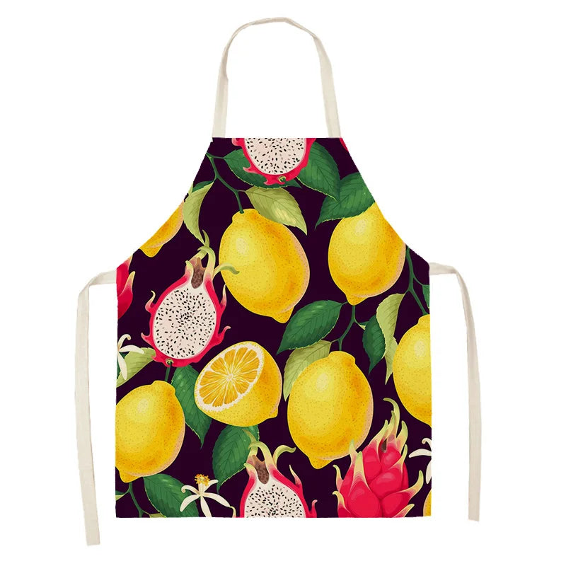 Kawaii apron with lemon and dragon fruit design on a white background