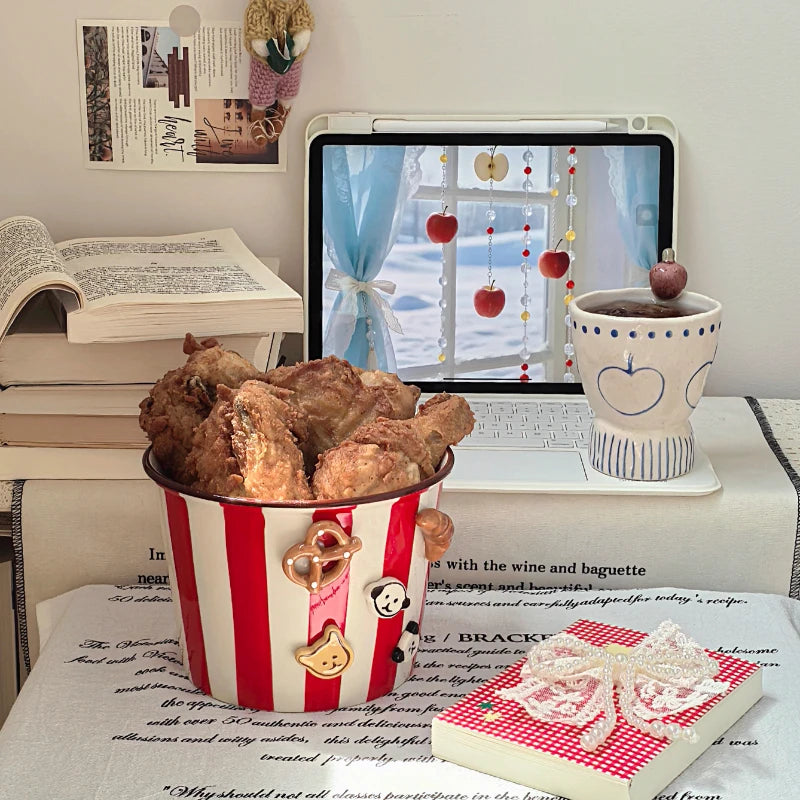 A large red and white kawaii ramen bowl with 3D designs on it