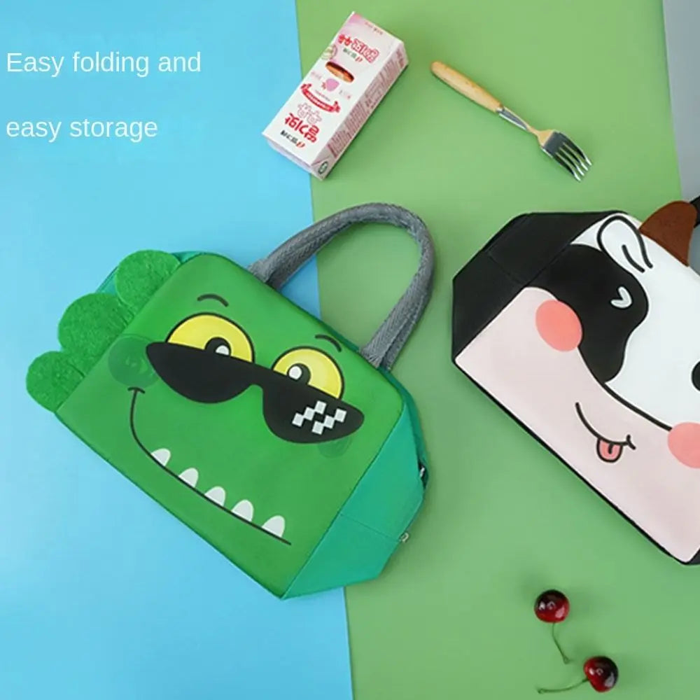 Green dinosaur-shaped kawaii bag on a blue and green background with a cow-themed plate.