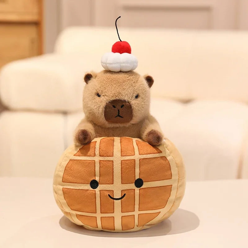 Kawaii plush toy bear with a cherry on top sitting on a waffle-shaped pillow.