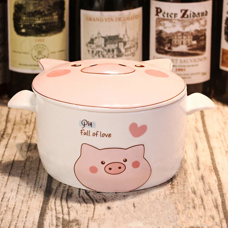 A large white pig themed kawaii ramen bowl