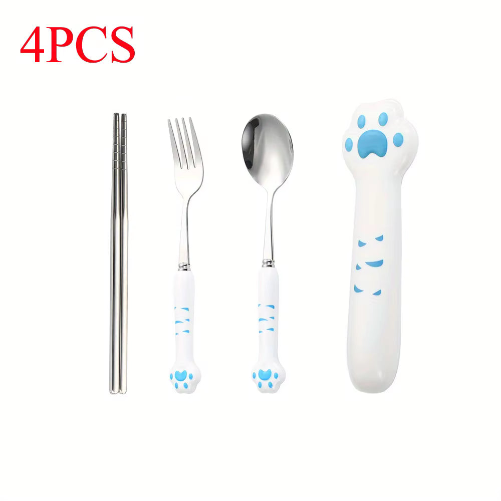 Set of four children's kawaii utensils items with paw design handles on a white background