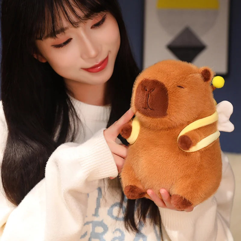 Woman holding a kawaii plush toy resembling a bear with a banana