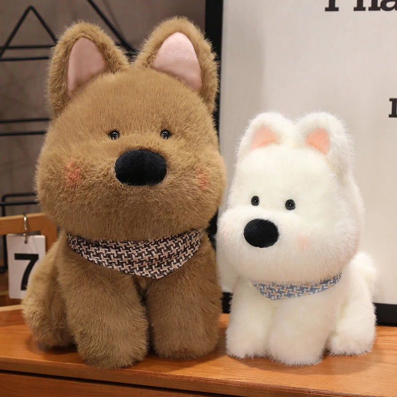 Two kawaii plush toys, one brown and one white, sitting on a wooden surface.