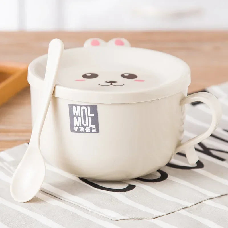 Cute cartoon-style kawaii ramen bowl with a lid and spoon on a wooden surface