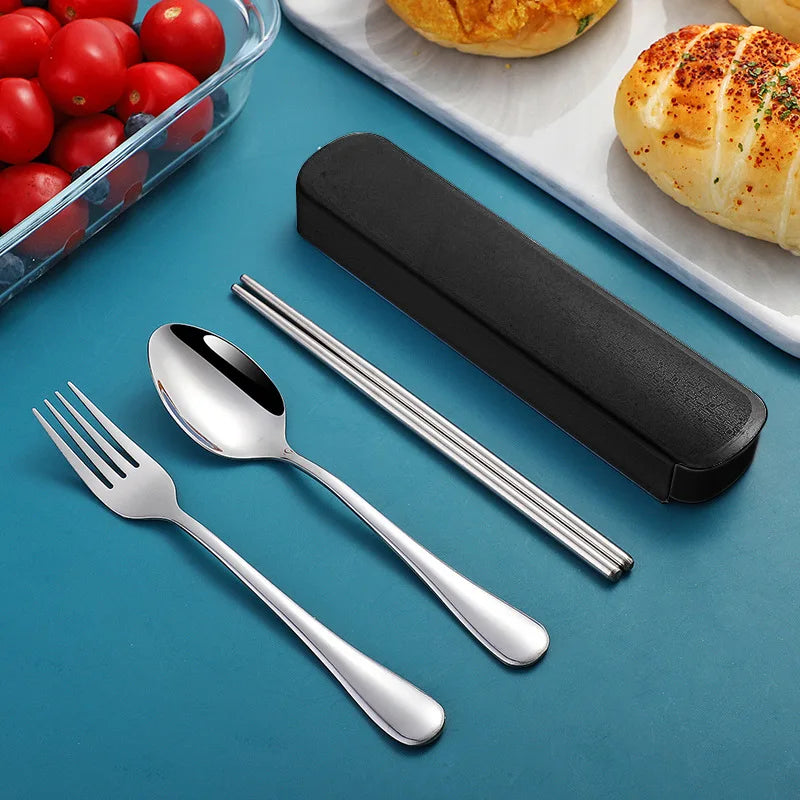 A group of steel kawaii utensils with a black case