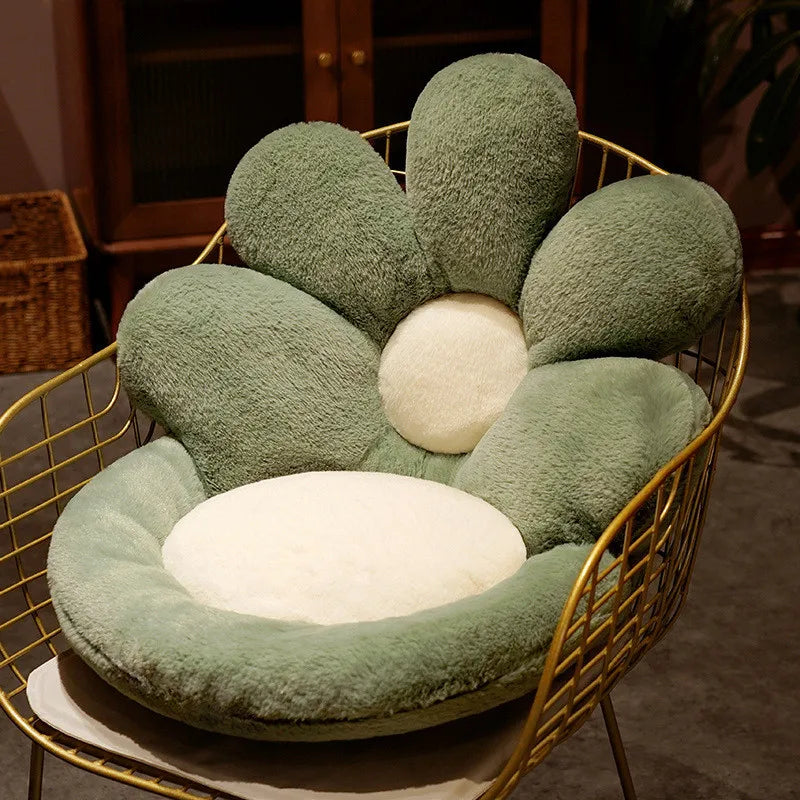 Floral-shaped green kawaii cushion on a gold wire chair