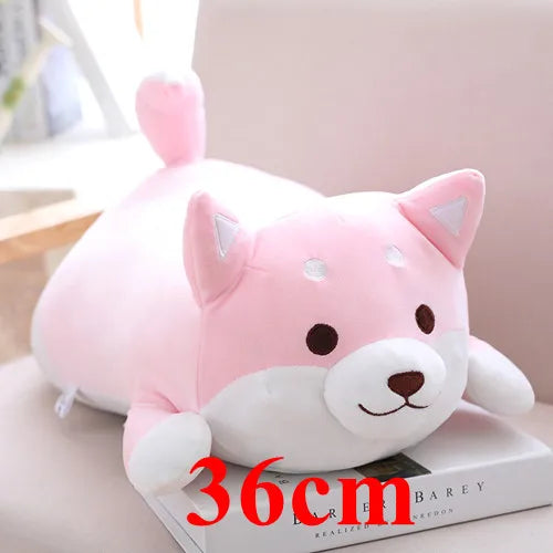 Pink and white plush kawaii toy resembling a fox on a book with '36cm' text.