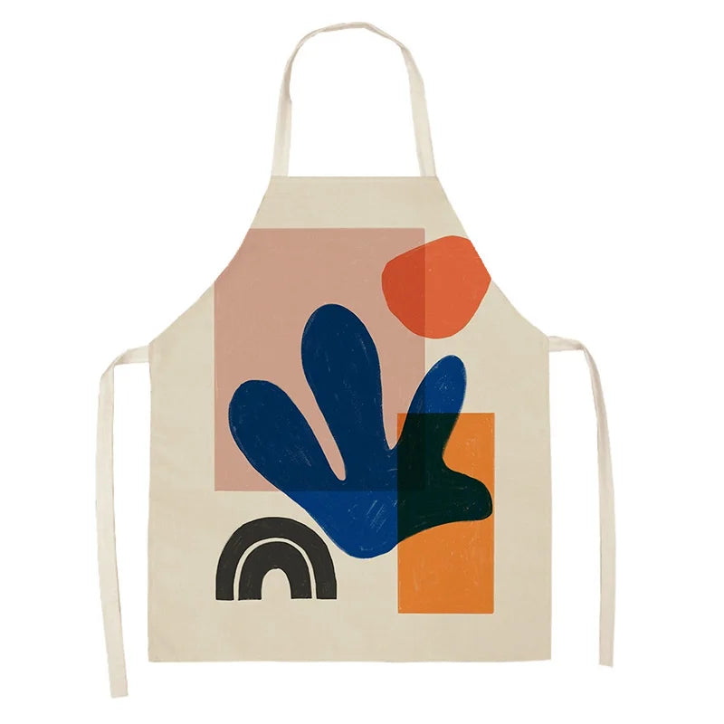 Beige kawaii apron with abstract colorful design on a white background