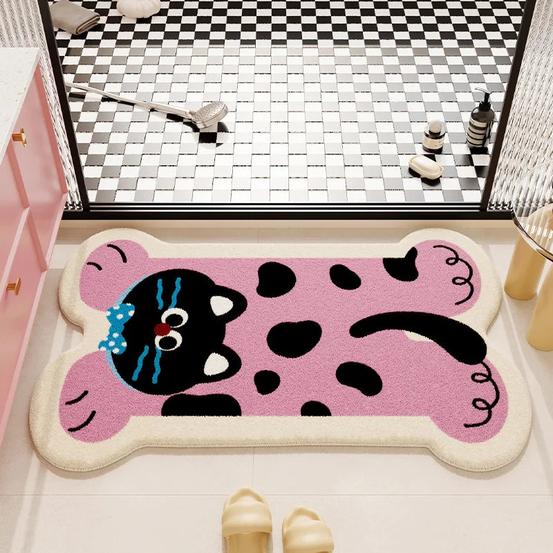 Pink and black cartoon-style kawaii rug on a checkered floor with a mirror and shoes in the background.