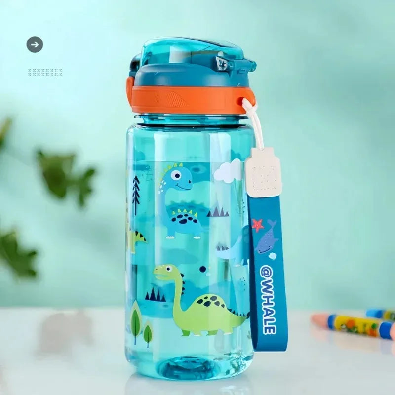 Children's kawaii water bottle with dinosaur design on a light green background