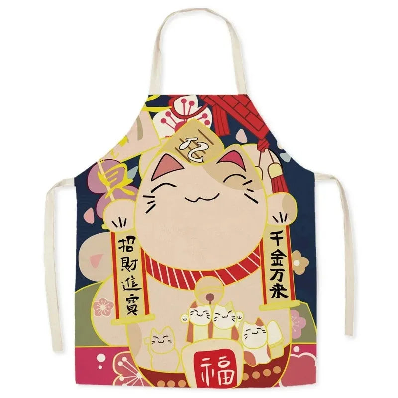 Colorful apron with a Kawaii cartoon cat design and text on a white background