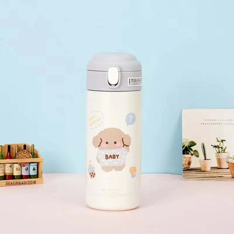 White kawaii water bottle with cartoon dog design on a light blue background