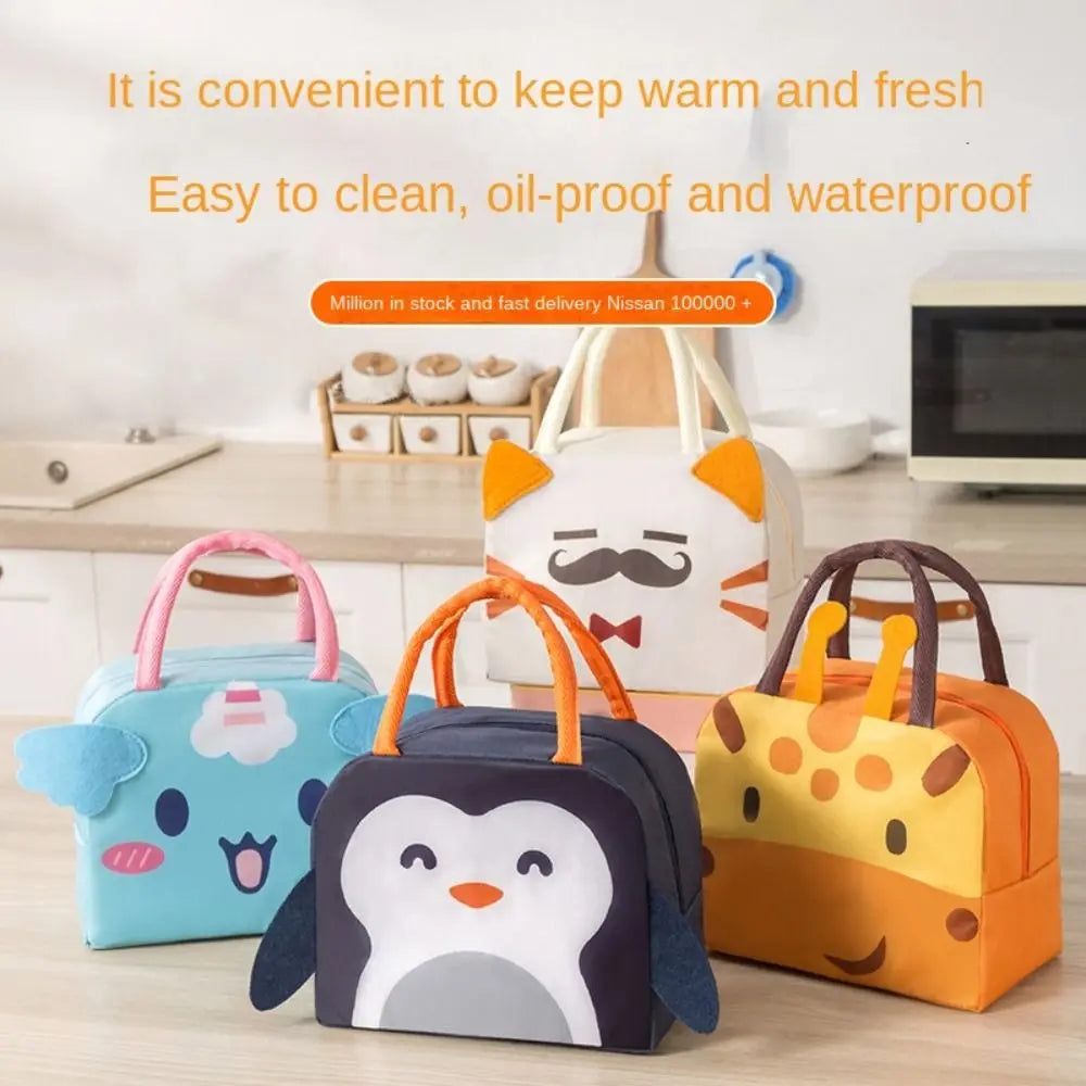 Four cartoon-themed kawaii lunch bags on a kitchen counter with text about their features.