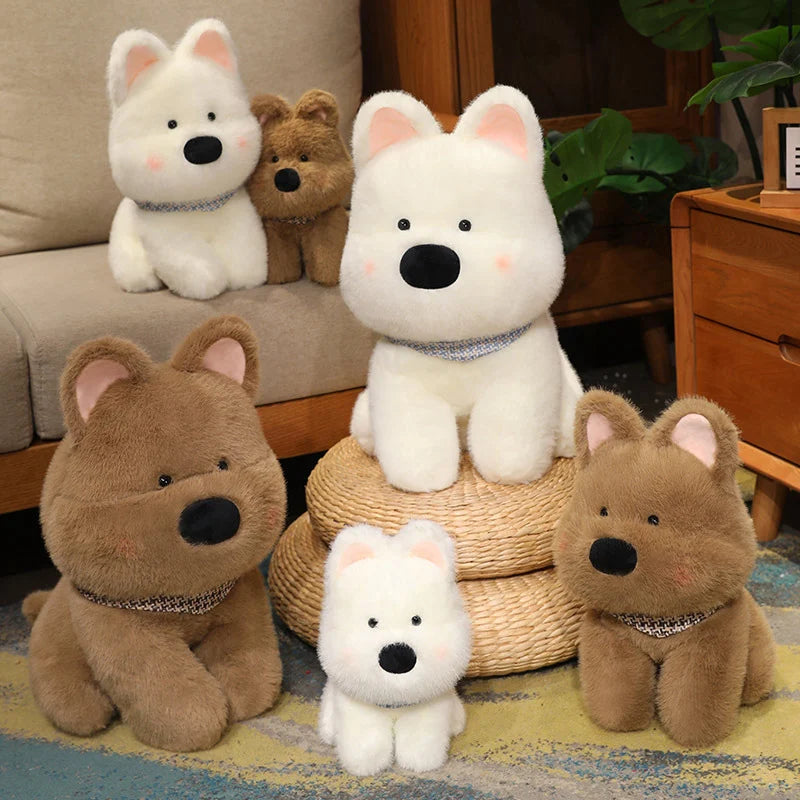 Set of kawaii plush toy dogs in various poses on a carpeted floor.