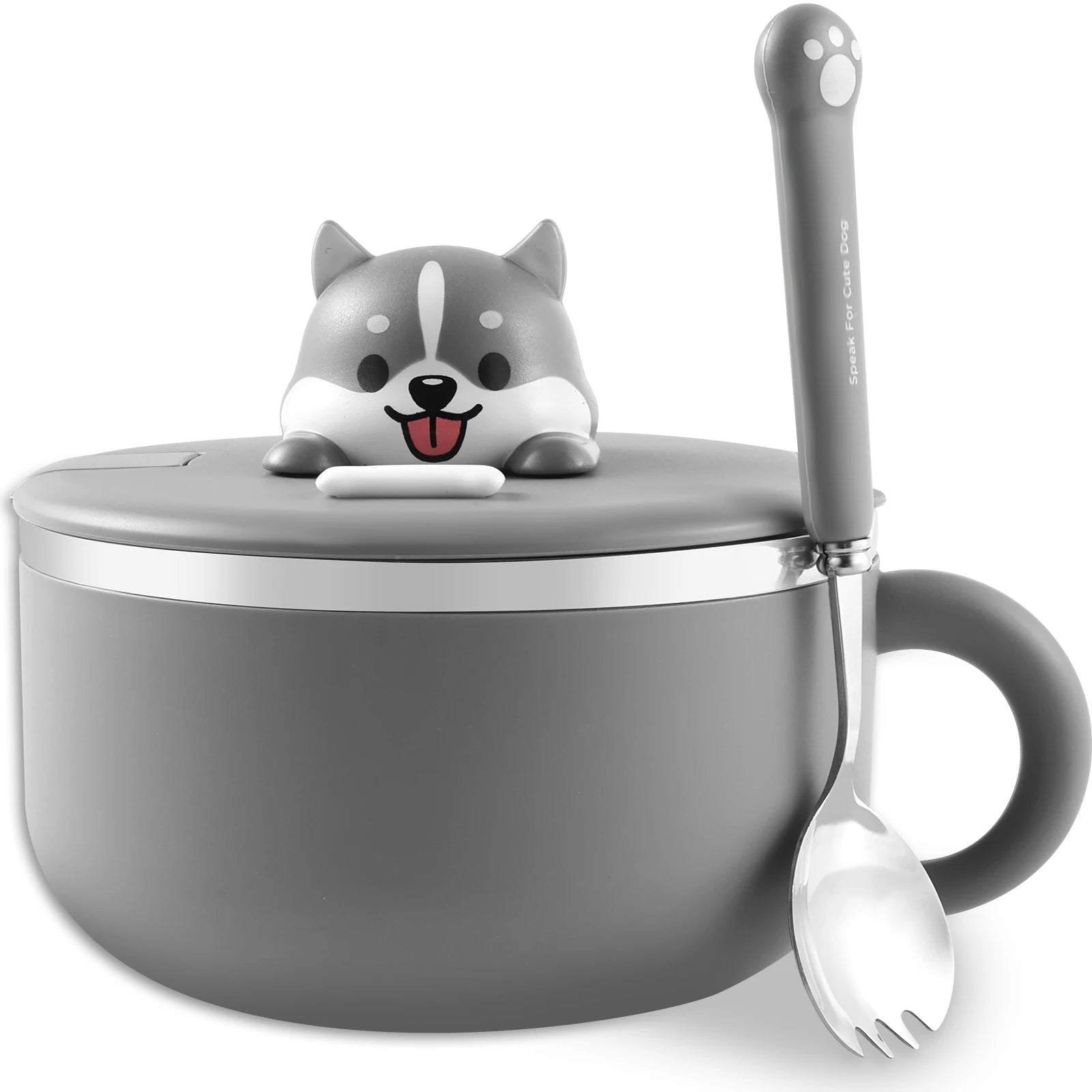 Gray ceramic kawaii ramen bowl with a dog-shaped lid knob and a spoon on a white background