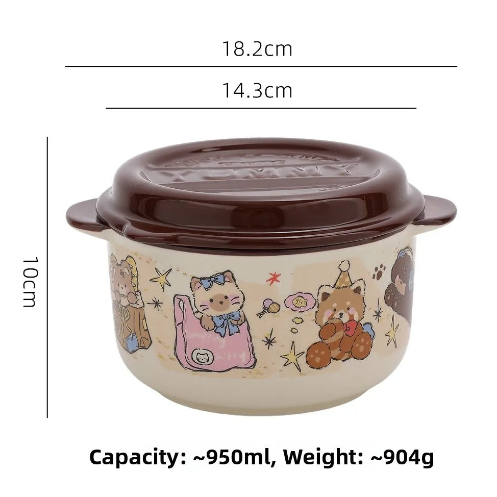 Ceramic kawaii ramen bowl with cartoon designs and measurements on a white background