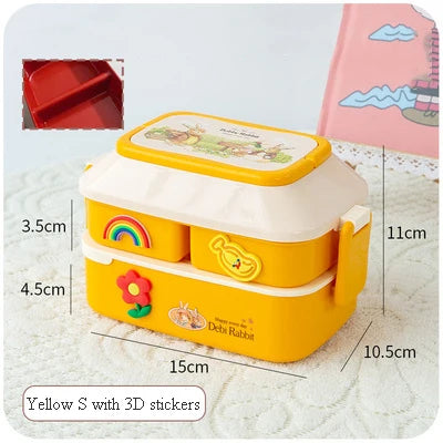 Yellow kawaii lunch box with 3D stickers and dimensions on a white background