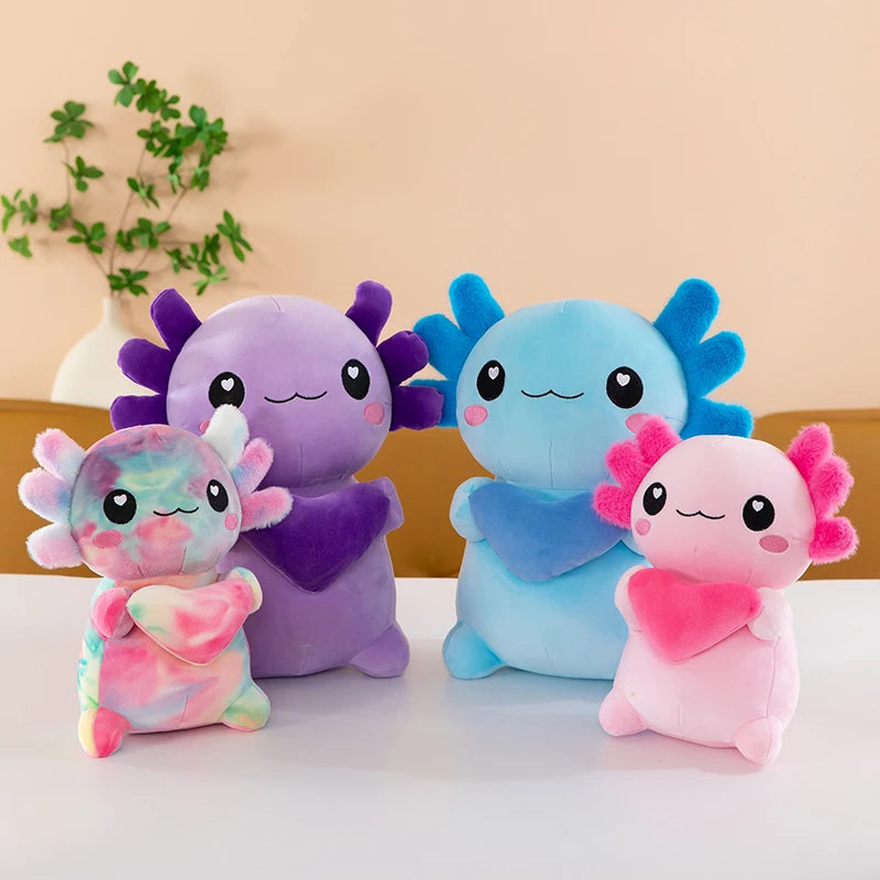 Set of colorful kawaii plush toys with a plant in the background