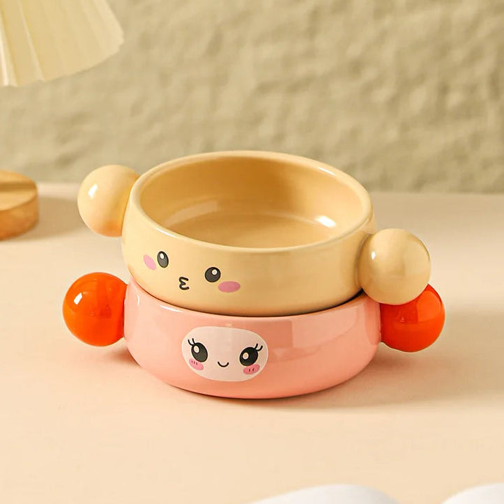 Cute ceramic kawaii ramen bowl with cartoon face design on a beige background