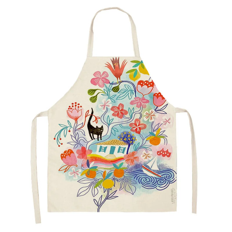 Colorful kawaii apron with floral and animal design on a white background