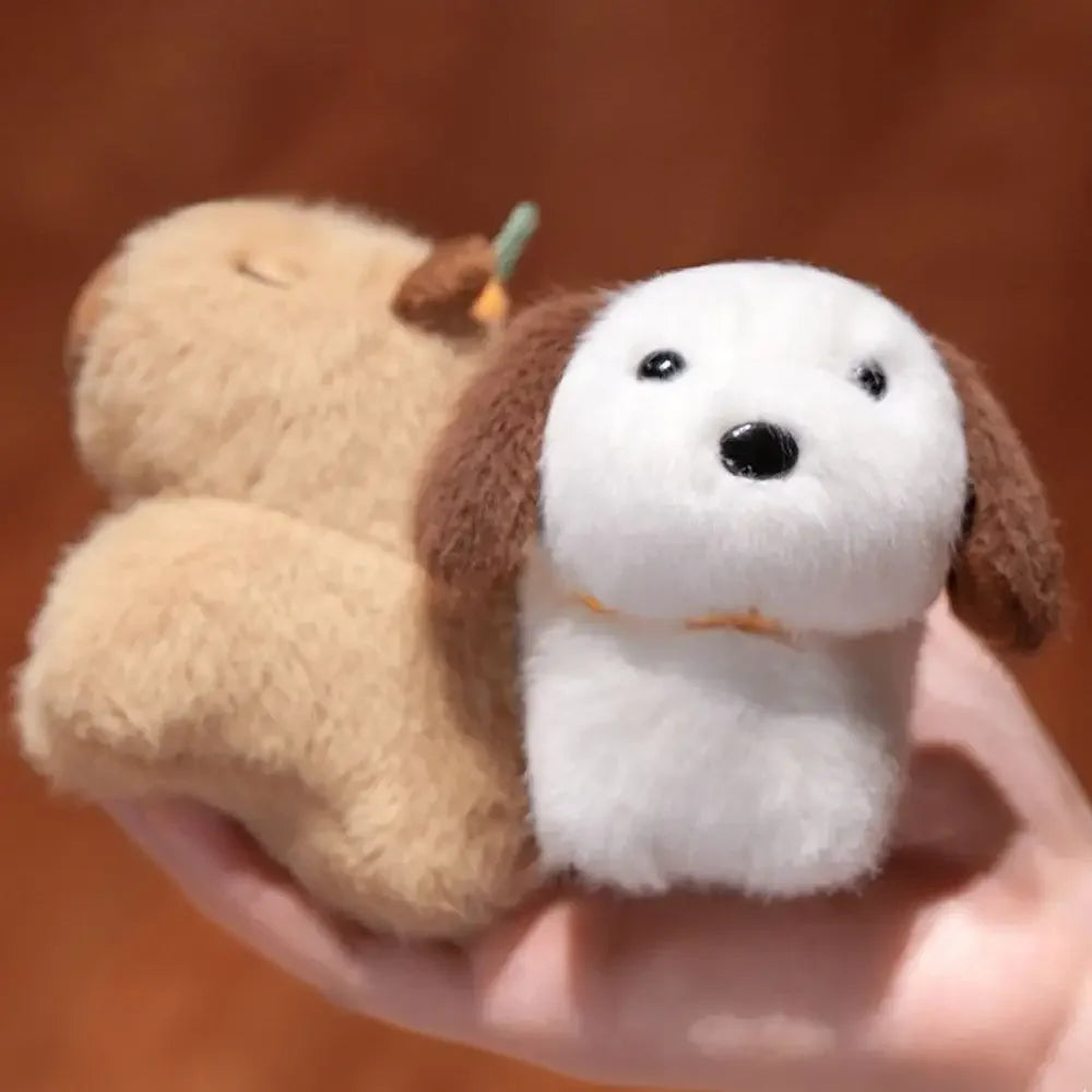 Small kawaii plush dog toy held in a hand with a blurred brown background