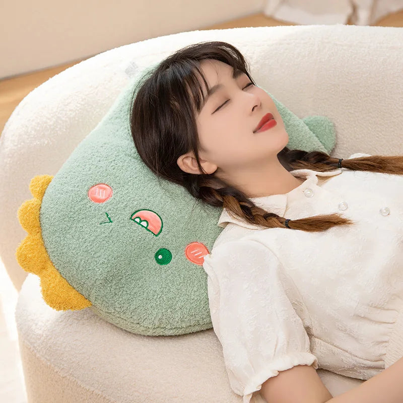 Person using a dinosaur-shaped neck kawaii pillow on a couch